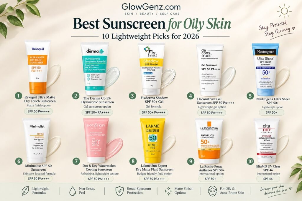 Best sunscreen for oily skin featuring 10 lightweight sunscreen options by glow genz